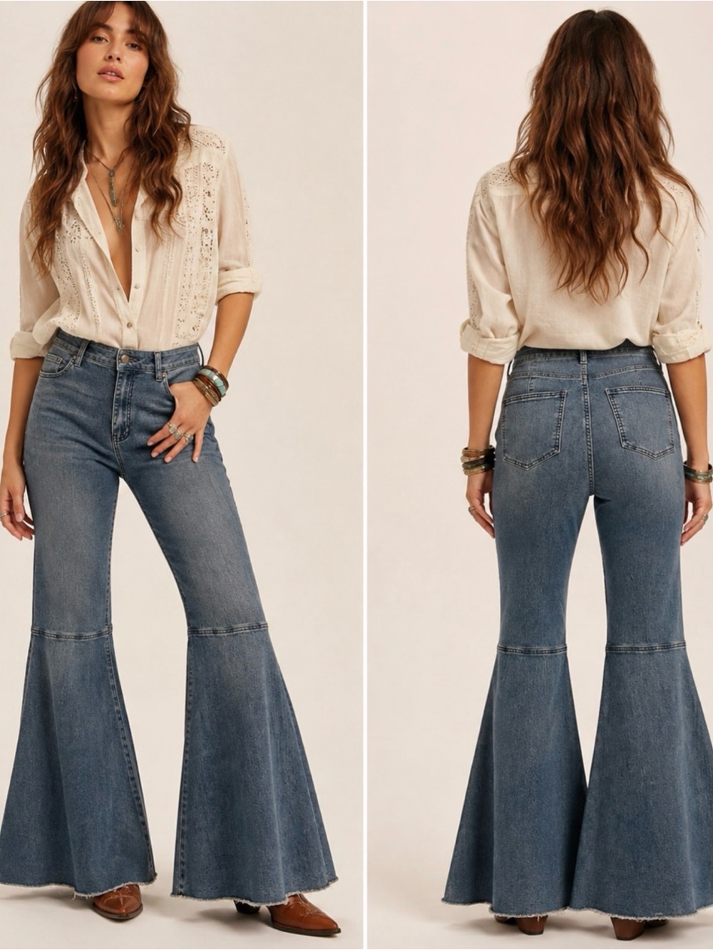 Bluivy Dark Blue Washed High-Rise 70โs Boho Western Hippie Flare Jeans Large